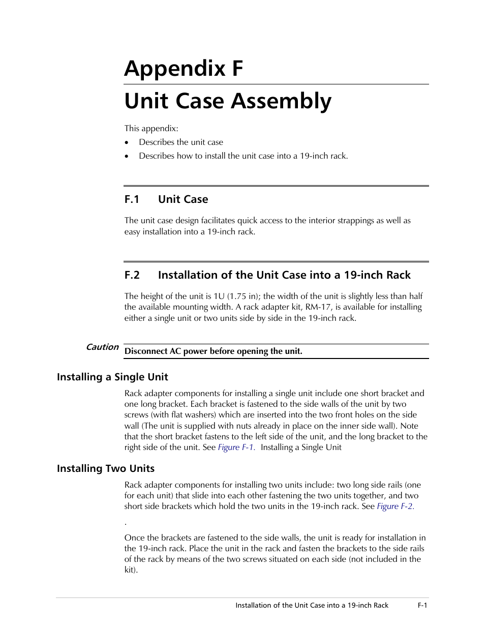 Appendix f unit case assembly, Unit case, Installation of the unit case into a 19-inch rack | Installing a single unit, Installing two units | RAD Data comm ASM-20 User Manual | Page 69 / 78