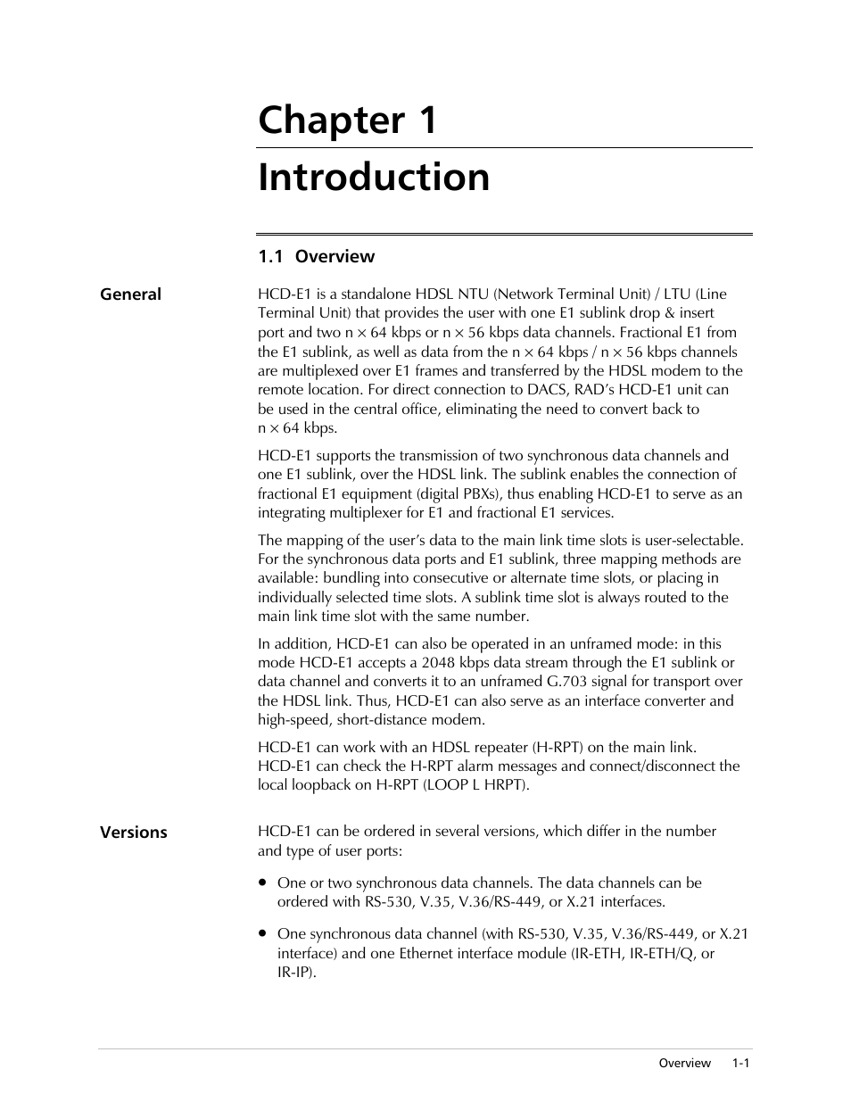 Introduction, Chapter 1 introduction | RAD Data comm HCD-E1 User Manual | Page 19 / 232
