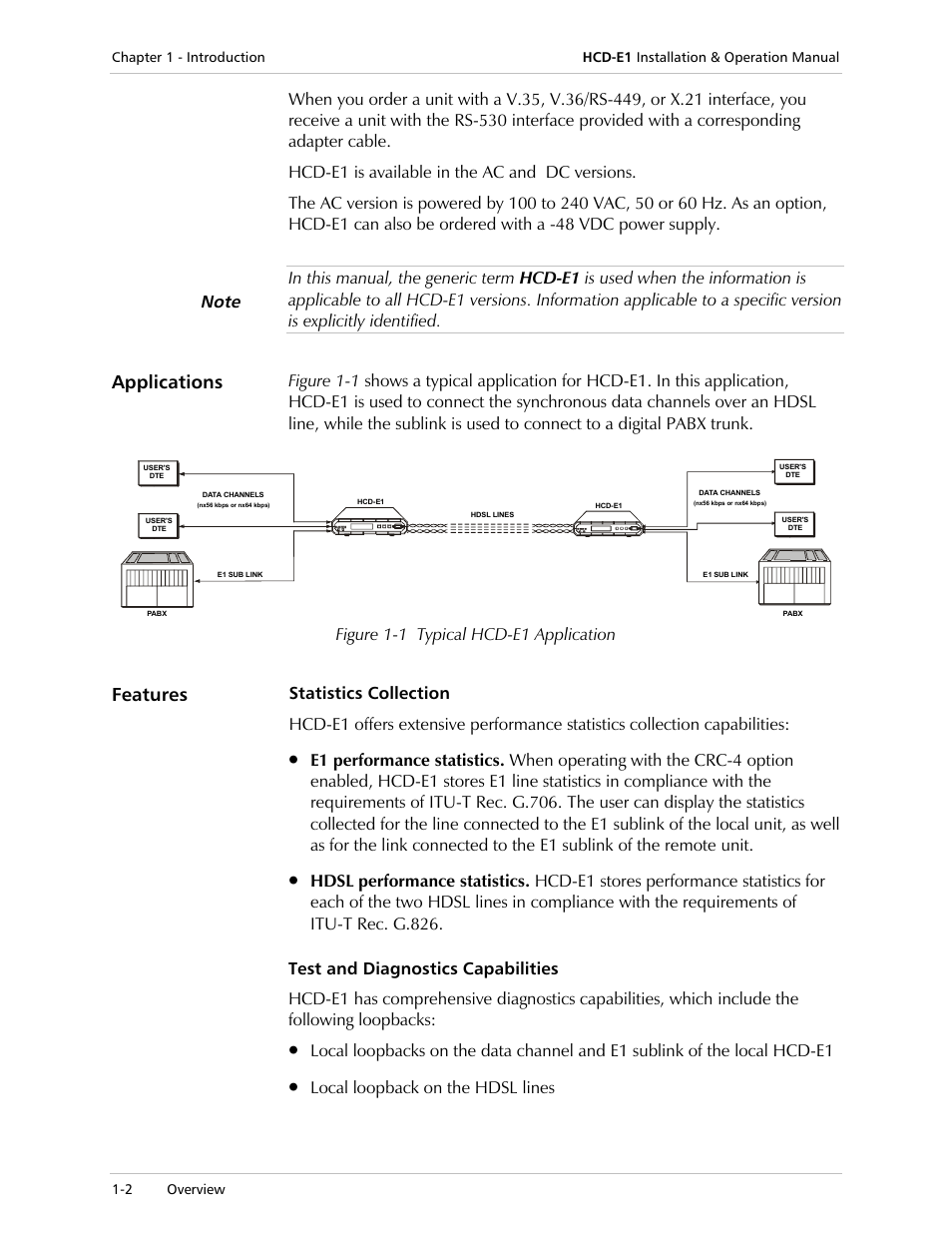 Applications, Features, Figure 1-1 typical hcd-e1 application | Local loopback on the hdsl lines | RAD Data comm HCD-E1 User Manual | Page 20 / 232