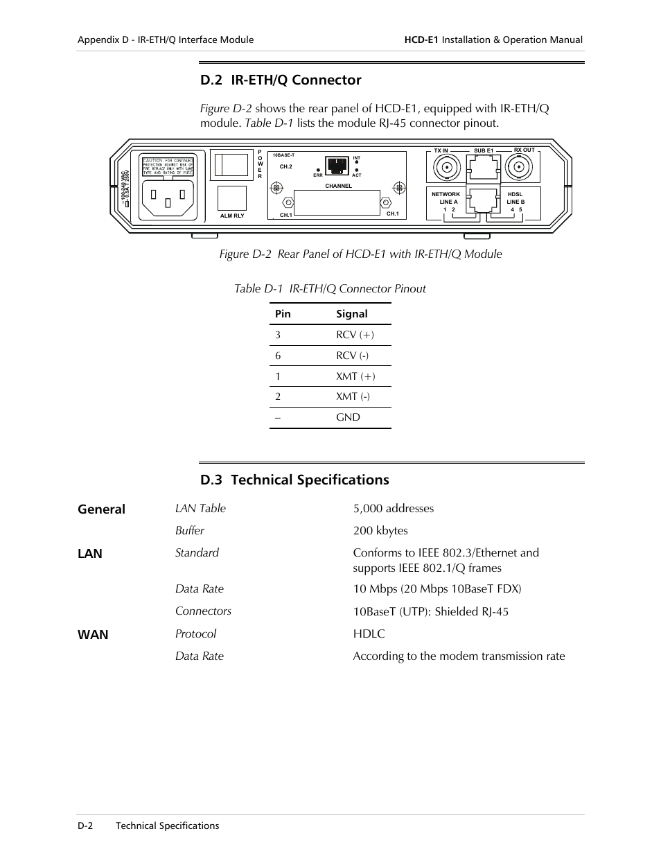 D.2 ir-eth/q connector, D.3 technical specifications, General | RAD Data comm HCD-E1 User Manual | Page 200 / 232