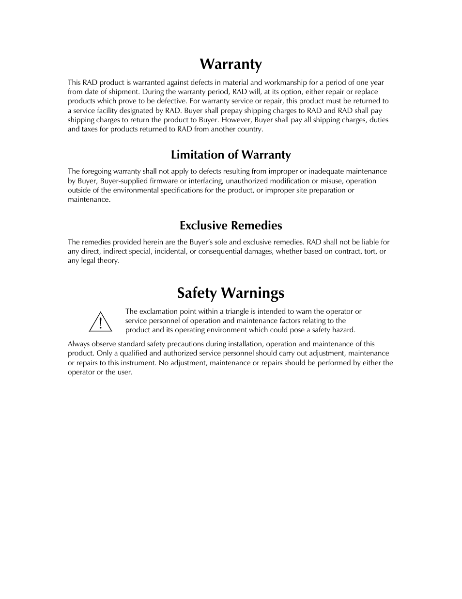 Warranty, Safety warnings | RAD Data comm HCD-E1 User Manual | Page 3 / 232