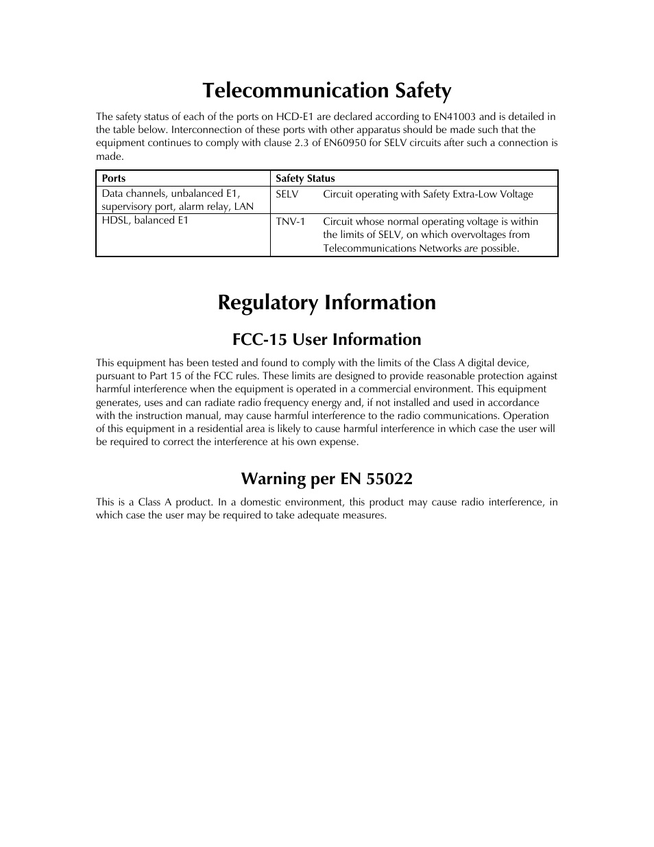 Telecommunication safety, Regulatory information, Fcc-15 user information | RAD Data comm HCD-E1 User Manual | Page 4 / 232