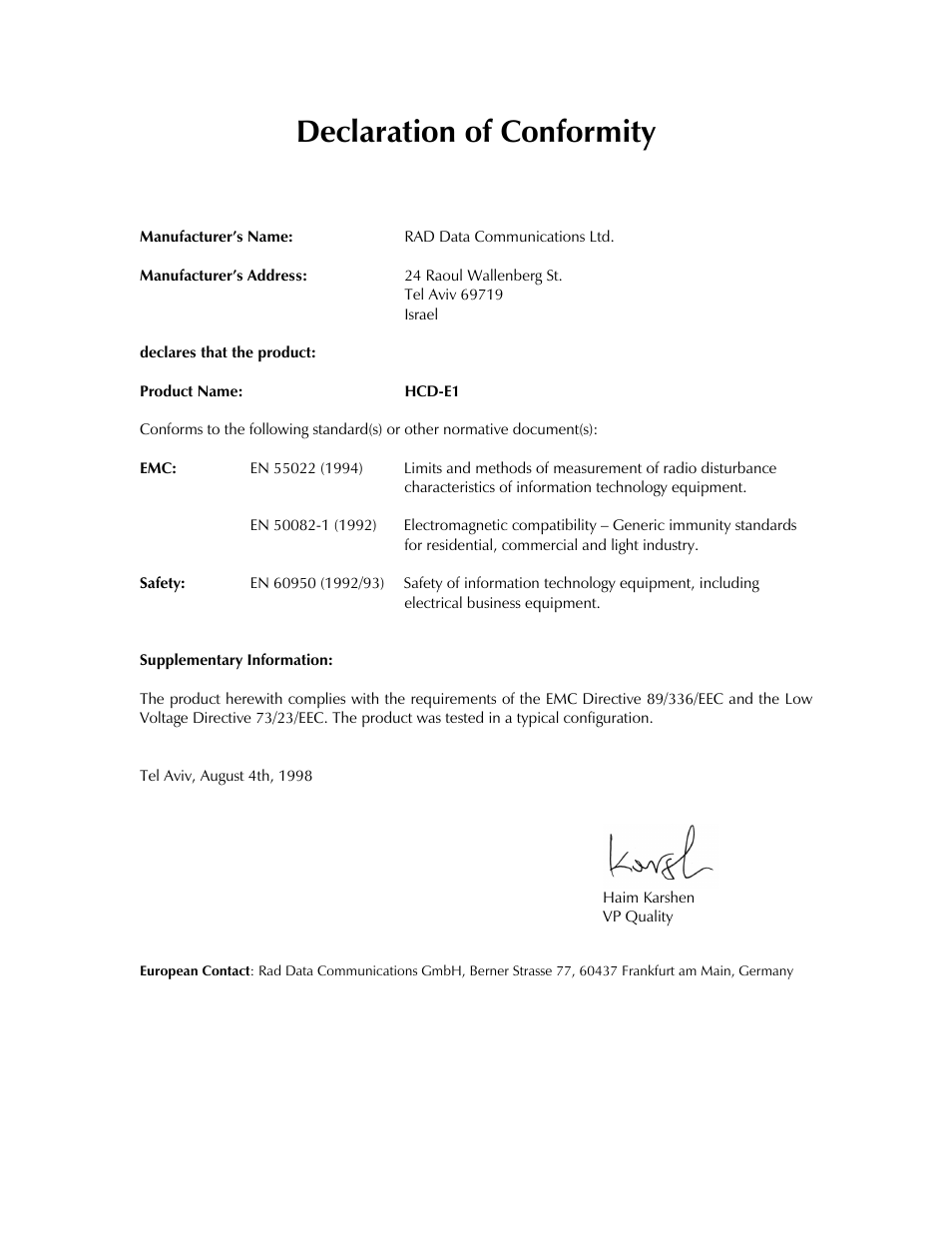 Declaration of conformity | RAD Data comm HCD-E1 User Manual | Page 5 / 232