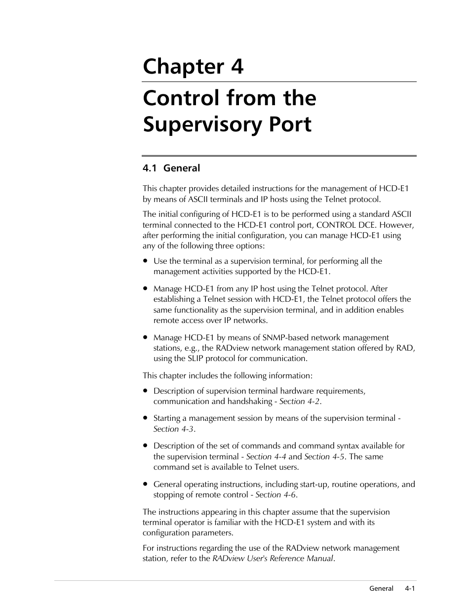 Control from the supervisory port, Chapter 4 control from the supervisory port | RAD Data comm HCD-E1 User Manual | Page 85 / 232