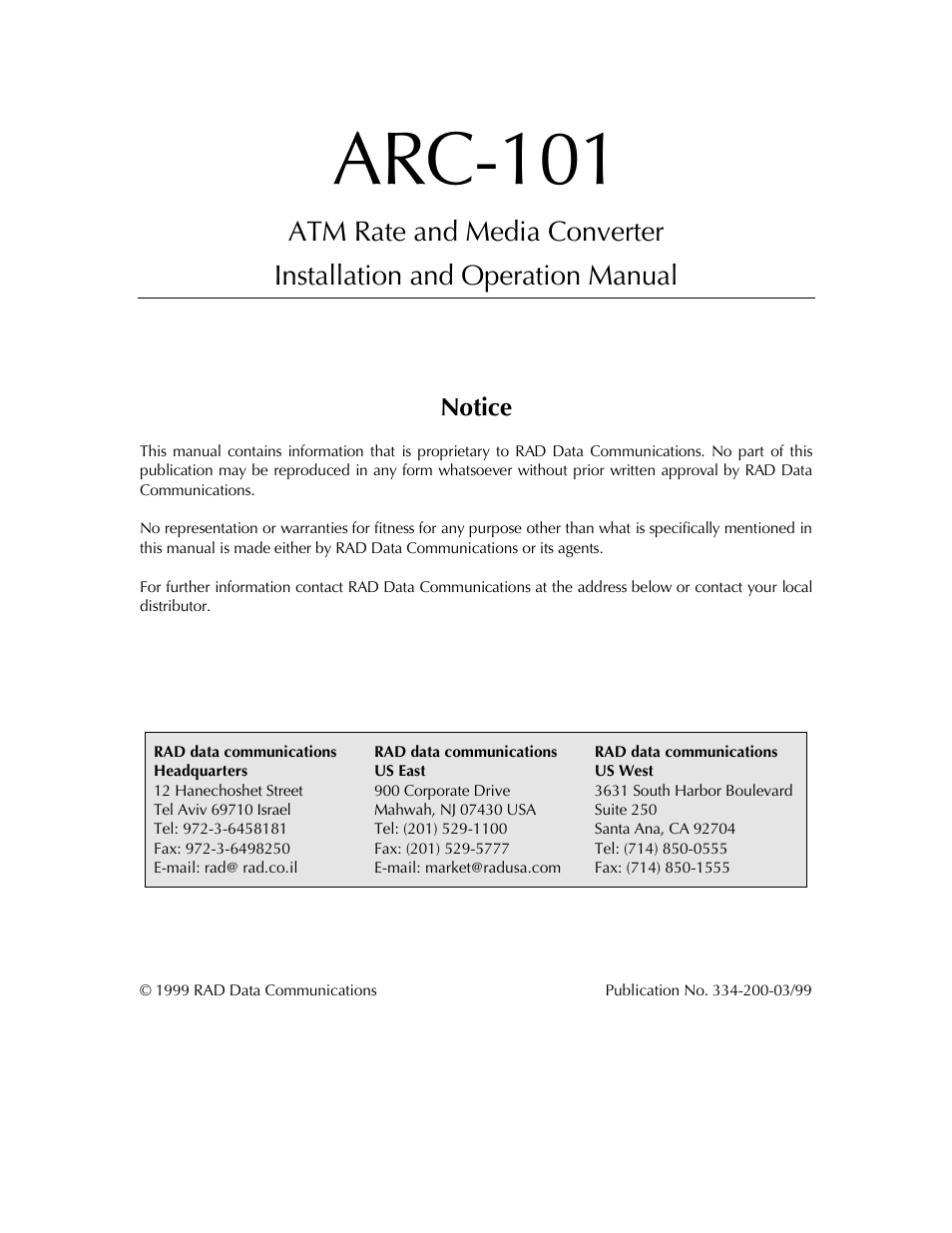 RAD Data comm ARC-101 User Manual | 46 pages