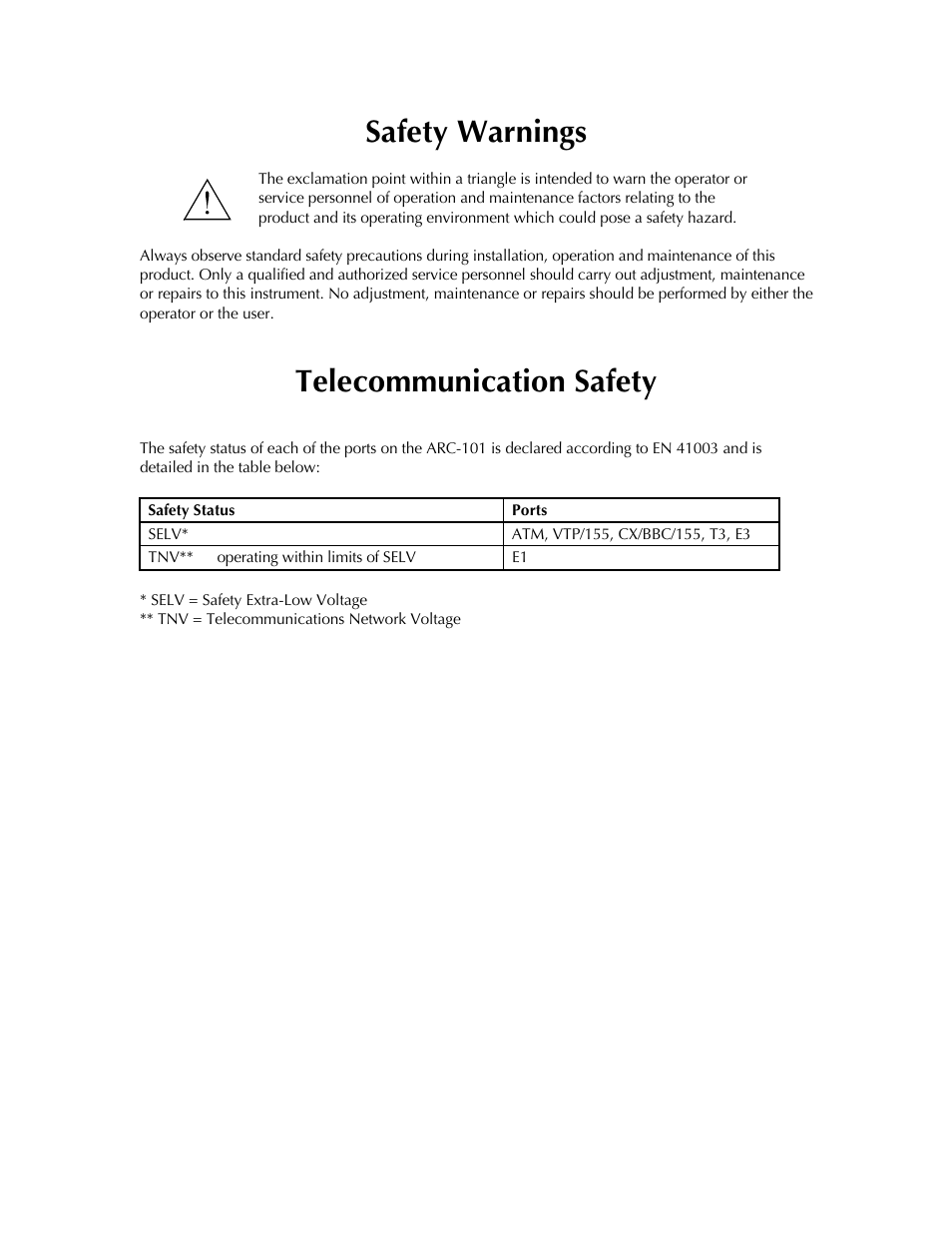 Safety warnings, Telecommunication safety | RAD Data comm ARC-101 User Manual | Page 4 / 46