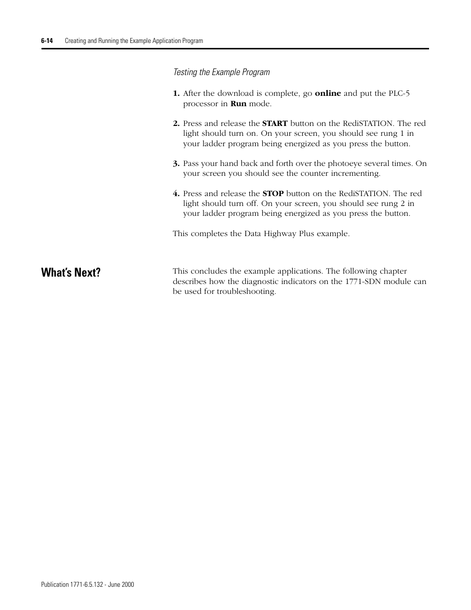 What’s next, Testing the example program -14, What’s next? -14 | Rockwell SoniCrafter DEVICENET 1771-SDN User Manual | Page 108 / 139