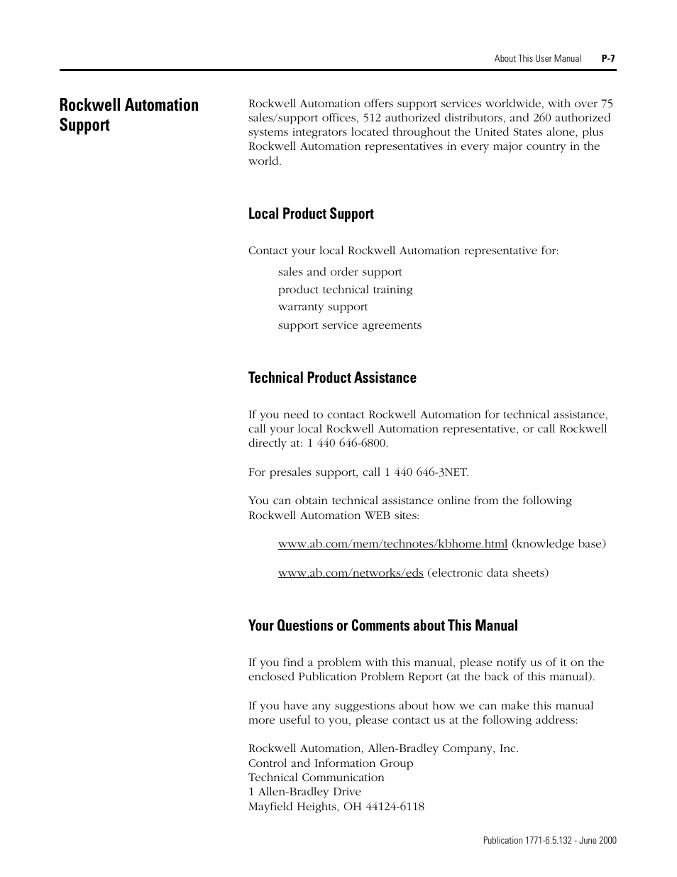 Rockwell automation support, Local product support, Technical product assistance | Your questions or comments about this manual | Rockwell SoniCrafter DEVICENET 1771-SDN User Manual | Page 11 / 139