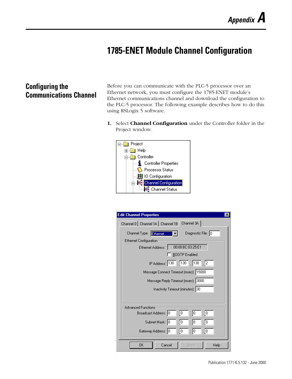A - 1785-enet module channel configuration, Configuring the communications channel, Appendix a | 1785-enet module channel configuration | Rockwell SoniCrafter DEVICENET 1771-SDN User Manual | Page 113 / 139