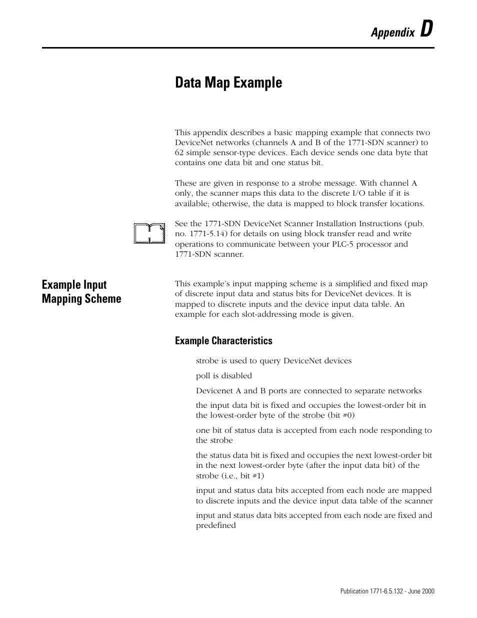 D - data map example, Example input mapping scheme, Appendix d | Data map example, Appendix | Rockwell SoniCrafter DEVICENET 1771-SDN User Manual | Page 123 / 139