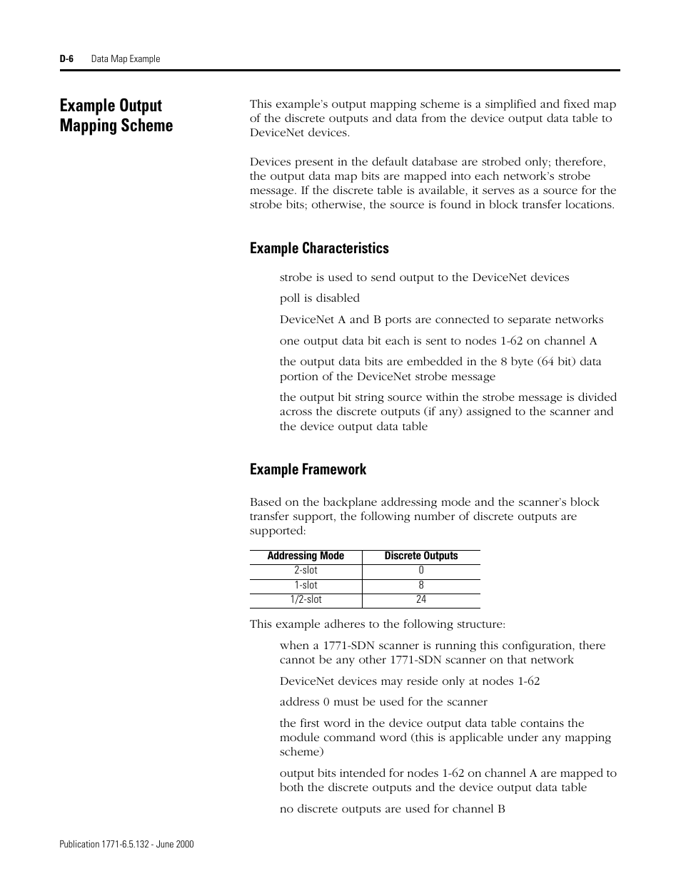 Example output mapping scheme, Example characteristics, Example framework | Rockwell SoniCrafter DEVICENET 1771-SDN User Manual | Page 128 / 139
