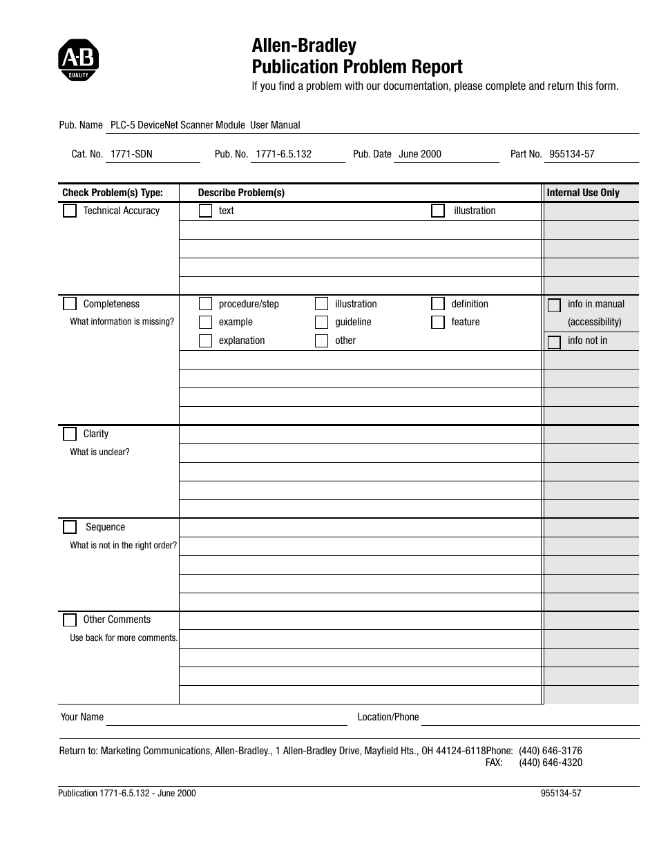 Allen-bradley publication problem report | Rockwell SoniCrafter DEVICENET 1771-SDN User Manual | Page 135 / 139
