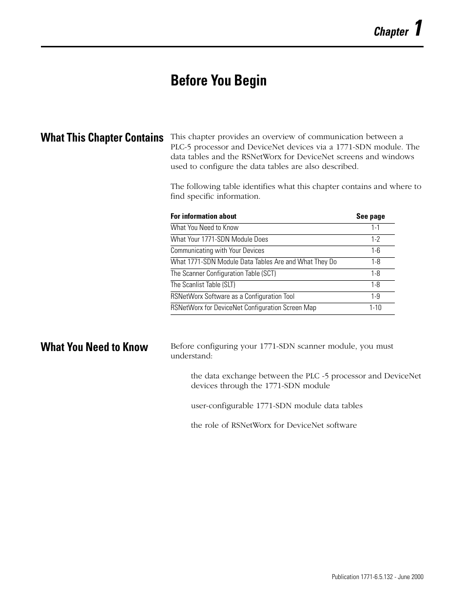 1 - before you begin, What this chapter contains, What you need to know | Chapter 1, Before you begin, Chapter | Rockwell SoniCrafter DEVICENET 1771-SDN User Manual | Page 17 / 139