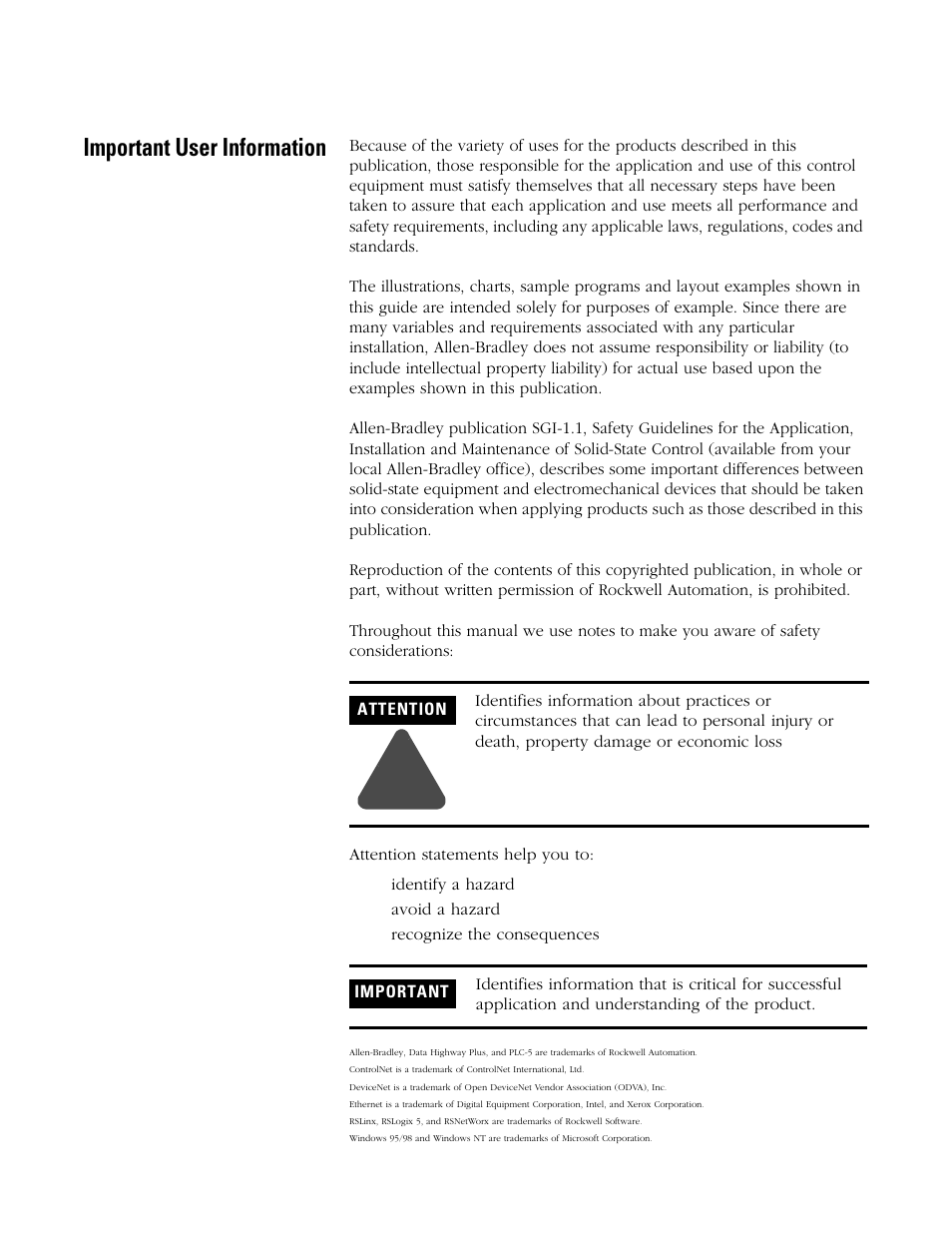 Important user information | Rockwell SoniCrafter DEVICENET 1771-SDN User Manual | Page 2 / 139