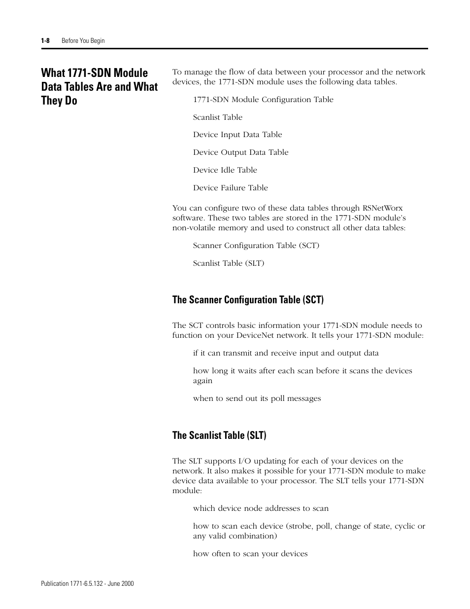 The scanner configuration table (sct), The scanlist table (slt) | Rockwell SoniCrafter DEVICENET 1771-SDN User Manual | Page 24 / 139