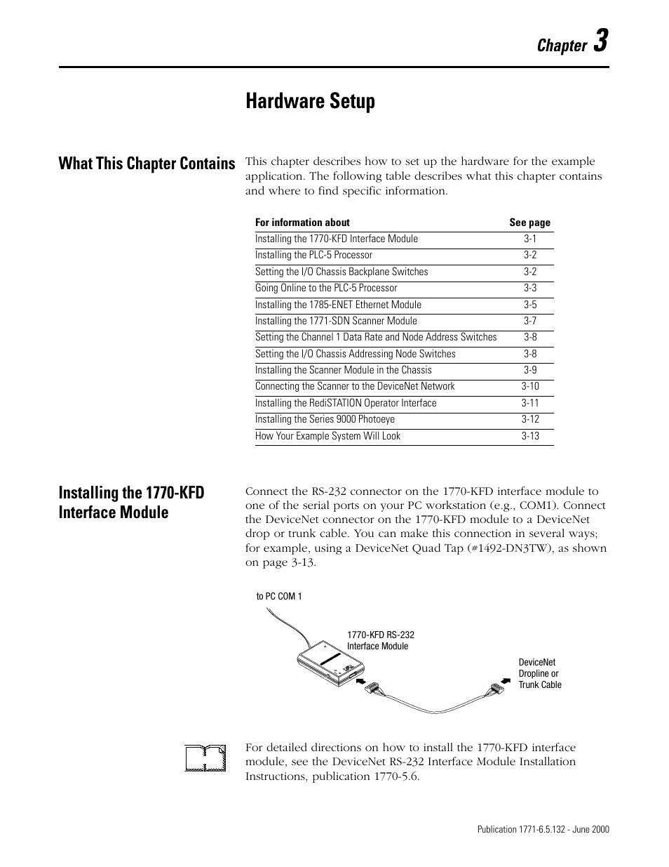 3 - hardware setup, What this chapter contains, Installing the 1770-kfd interface module | Chapter 3, Hardware setup, Chapter | Rockwell SoniCrafter DEVICENET 1771-SDN User Manual | Page 39 / 139