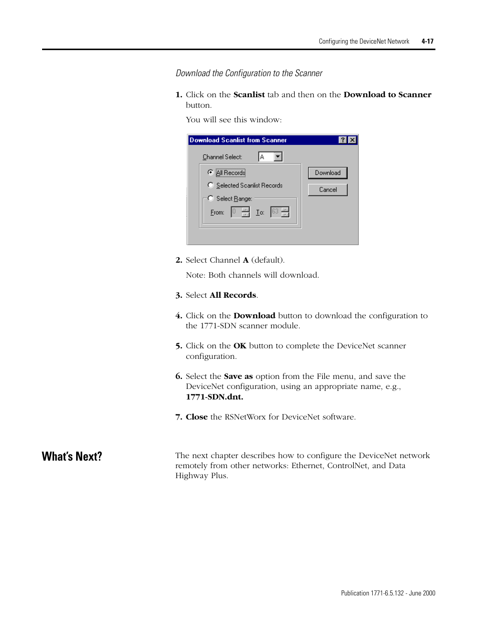 What’s next, Download the configuration to the scanner -17, What’s next? -17 | Rockwell SoniCrafter DEVICENET 1771-SDN User Manual | Page 69 / 139