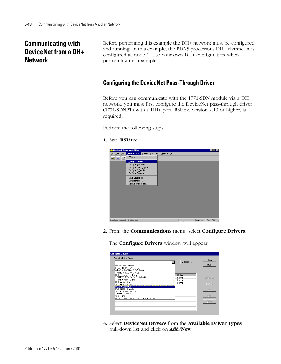 Communicating with devicenet from a dh+ network, Configuring the devicenet pass-through driver -18, Configuring the devicenet pass-through driver | Rockwell SoniCrafter DEVICENET 1771-SDN User Manual | Page 88 / 139