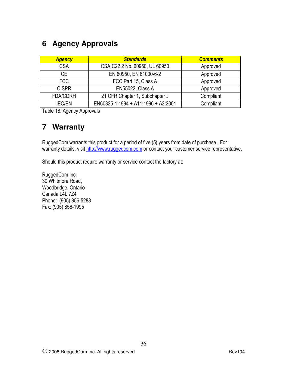 6 agency approvals, 7 warranty | Rugged Outback RS416 User Manual | Page 36 / 36