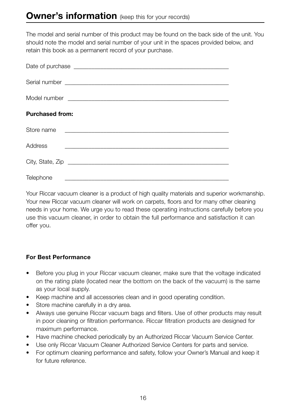 Owner’s information | Riccar R-SERIES R500 R800 User Manual | Page 17 / 19