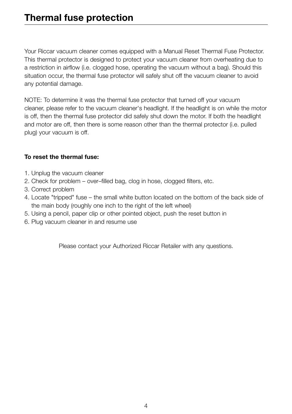 Thermal fuse protection | Riccar R-SERIES R500 R800 User Manual | Page 5 / 19