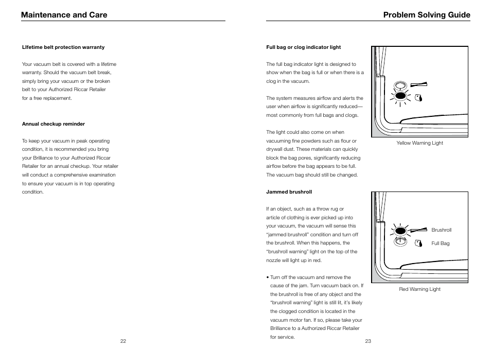 Maintenance and care problem solving guide | Riccar BRILLIANCE BRLP User Manual | Page 13 / 17