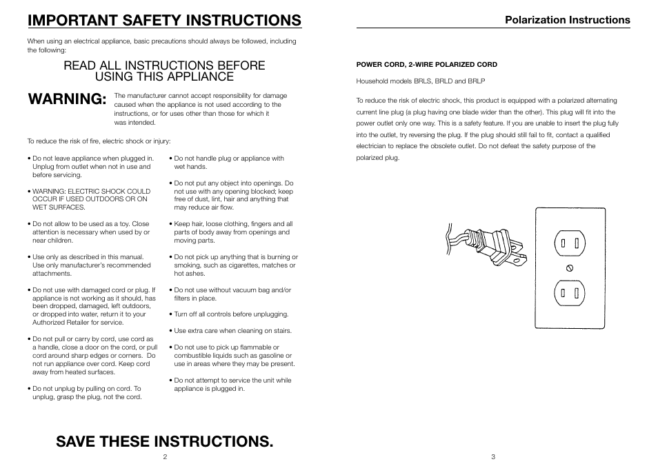 Important safety instructions, Save these instructions. warning, Read all instructions before using this appliance | Polarization instructions | Riccar BRILLIANCE BRLP User Manual | Page 3 / 17