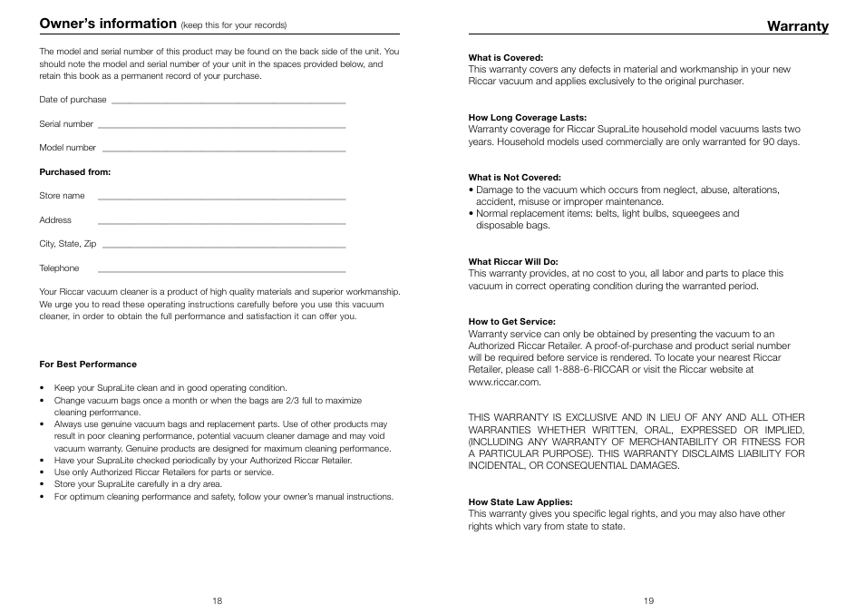 Warranty, Owner’s information | Riccar SUPRALITE RSL3 User Manual | Page 10 / 11