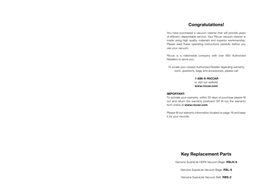 Key replacement parts | Riccar SUPRALITE RSL3 User Manual | Page 2 / 11