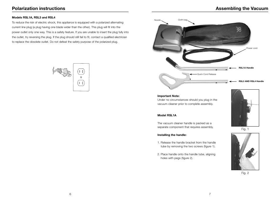 Polarization instructions, Assembling the vacuum | Riccar SUPRALITE RSL3 User Manual | Page 4 / 11