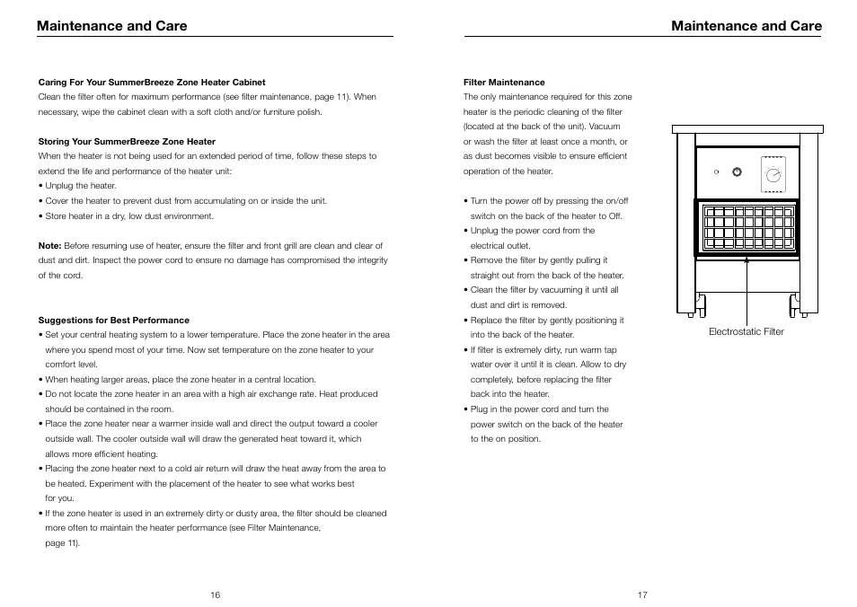 Maintenance and care | Riccar SUMMER BREEZE RSBH-C User Manual | Page 10 / 13