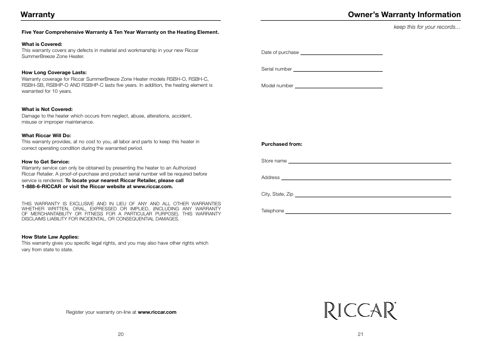 Warranty, Owner’s warranty information | Riccar SUMMER BREEZE RSBH-C User Manual | Page 12 / 13