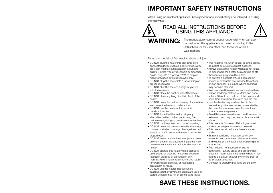 Important safety instructions, Save these instructions. warning, Read all instructions before using this appliance | Riccar SUMMER BREEZE RSBH-C User Manual | Page 3 / 13