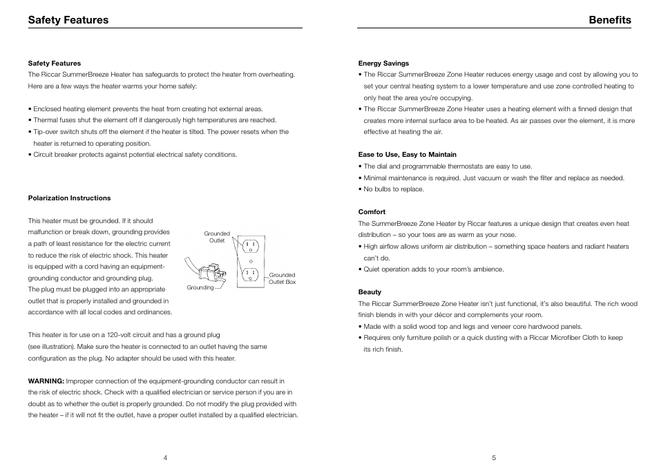 Safety features benefits | Riccar SUMMER BREEZE RSBH-C User Manual | Page 4 / 13