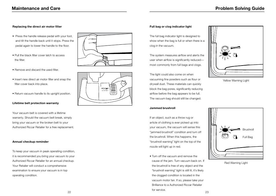 Maintenance and care problem solving guide | Riccar BRILLIANCE BRLS User Manual | Page 13 / 17