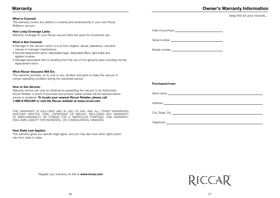 Warranty, Owner’s warranty information | Riccar BRILLIANCE BRLS User Manual | Page 15 / 17