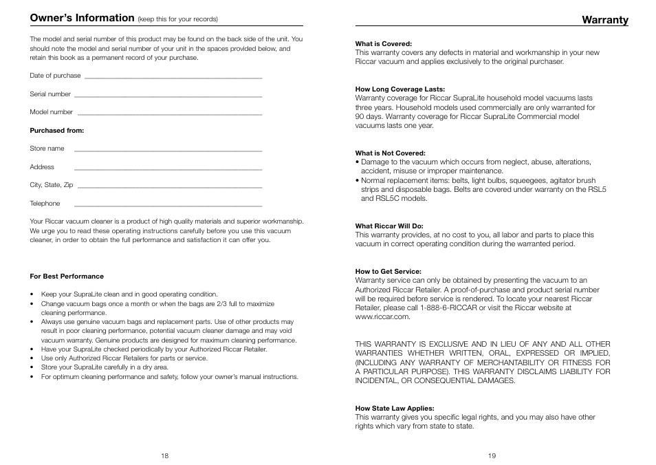 Warranty, Owner’s information | Riccar SUPRALITE RSL3C User Manual | Page 10 / 11