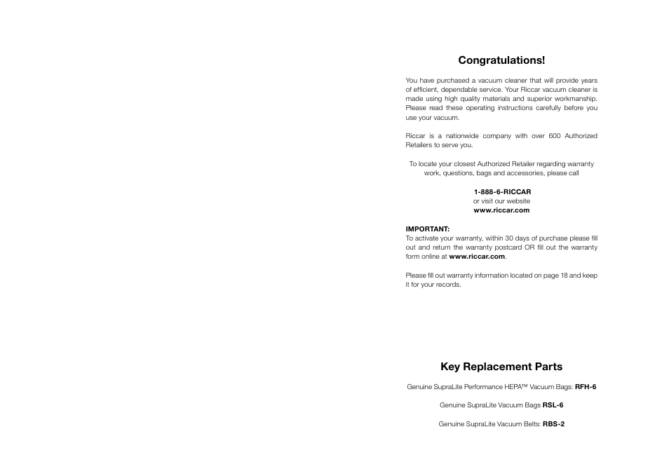 Key replacement parts | Riccar SUPRALITE RSL3C User Manual | Page 2 / 11