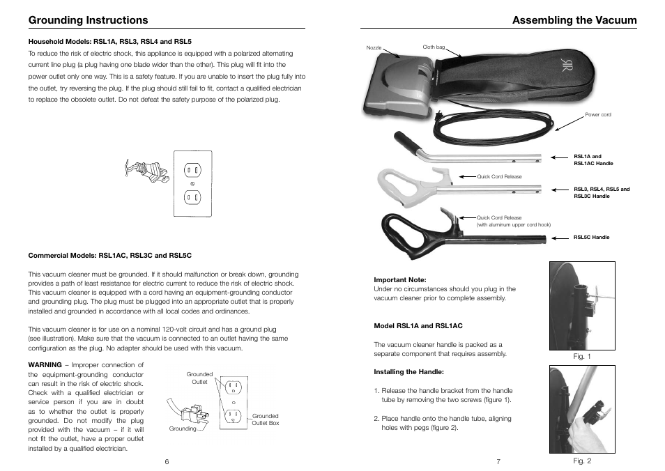 Grounding instructions, Assembling the vacuum | Riccar SUPRALITE RSL3C User Manual | Page 4 / 11