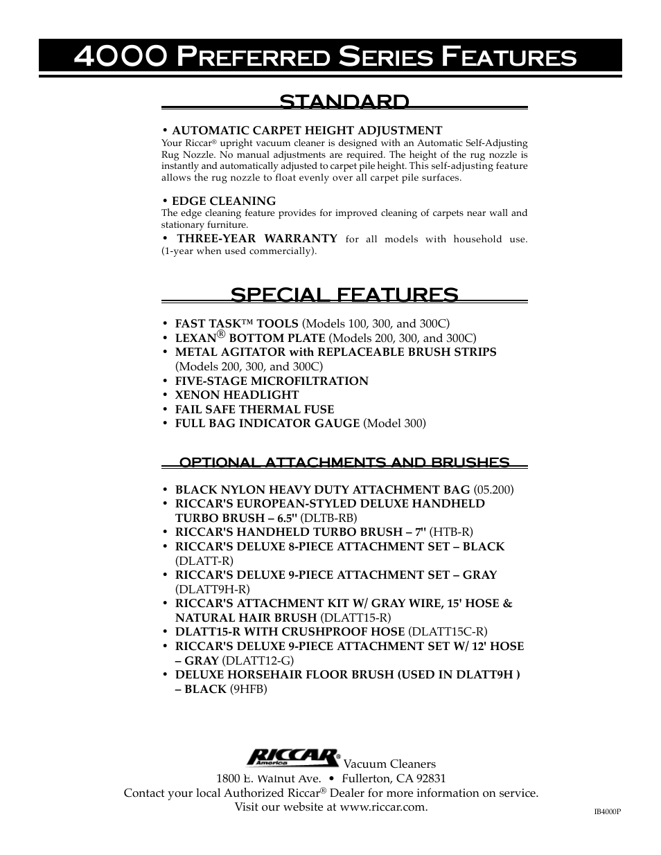 4000 p, Referred, Eries | Eatures, Standard, Special, Features | Riccar 4000 User Manual | Page 14 / 14