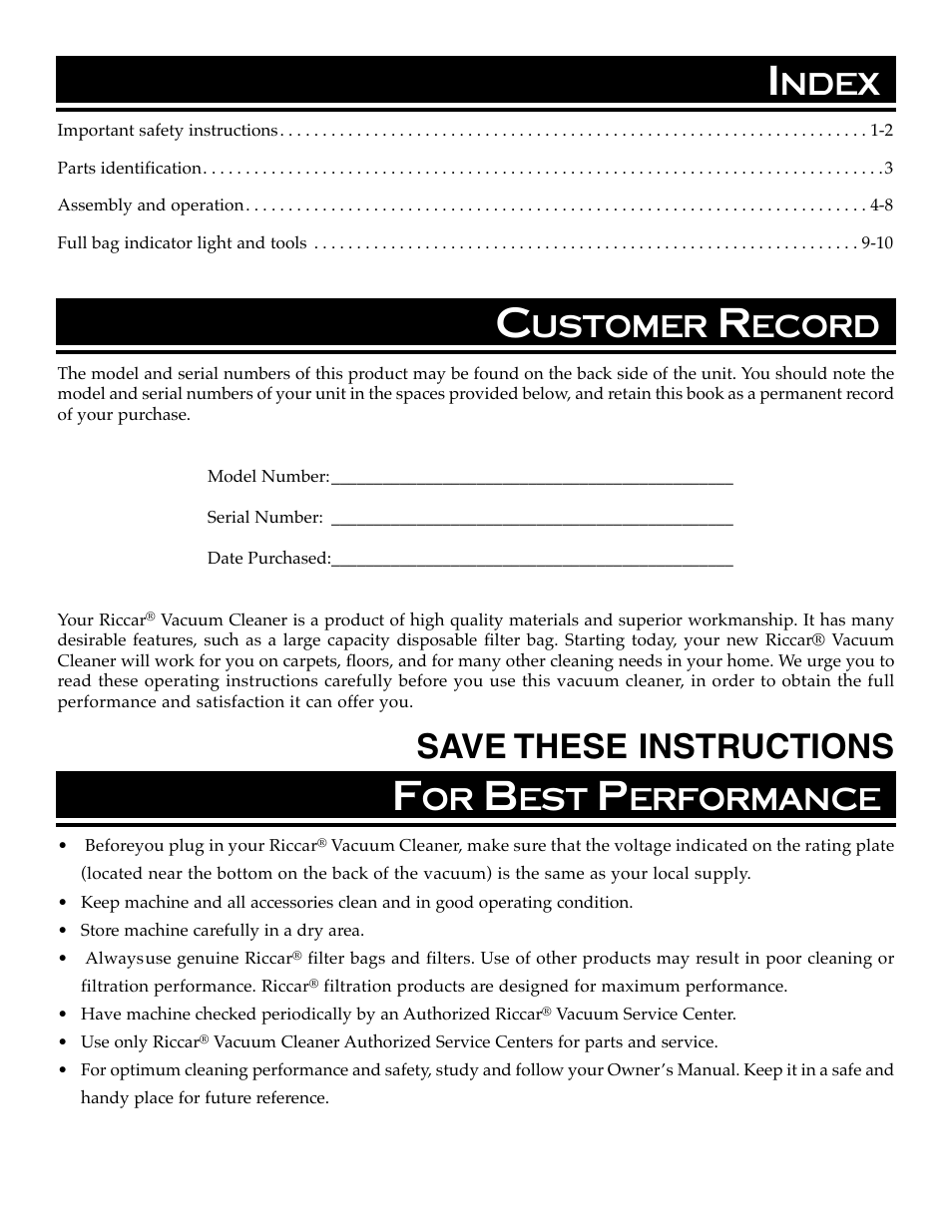 Save these instructions, Ndex, Ustomer | Ecord, Erformance | Riccar 4000 User Manual | Page 2 / 14