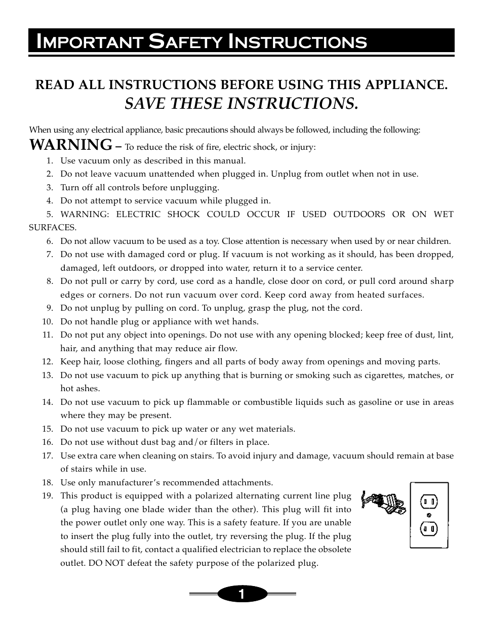 Save these instructions, Mportant, Afety | Nstructions, Warning, 1read all instructions before using this appliance | Riccar 4000 User Manual | Page 3 / 14