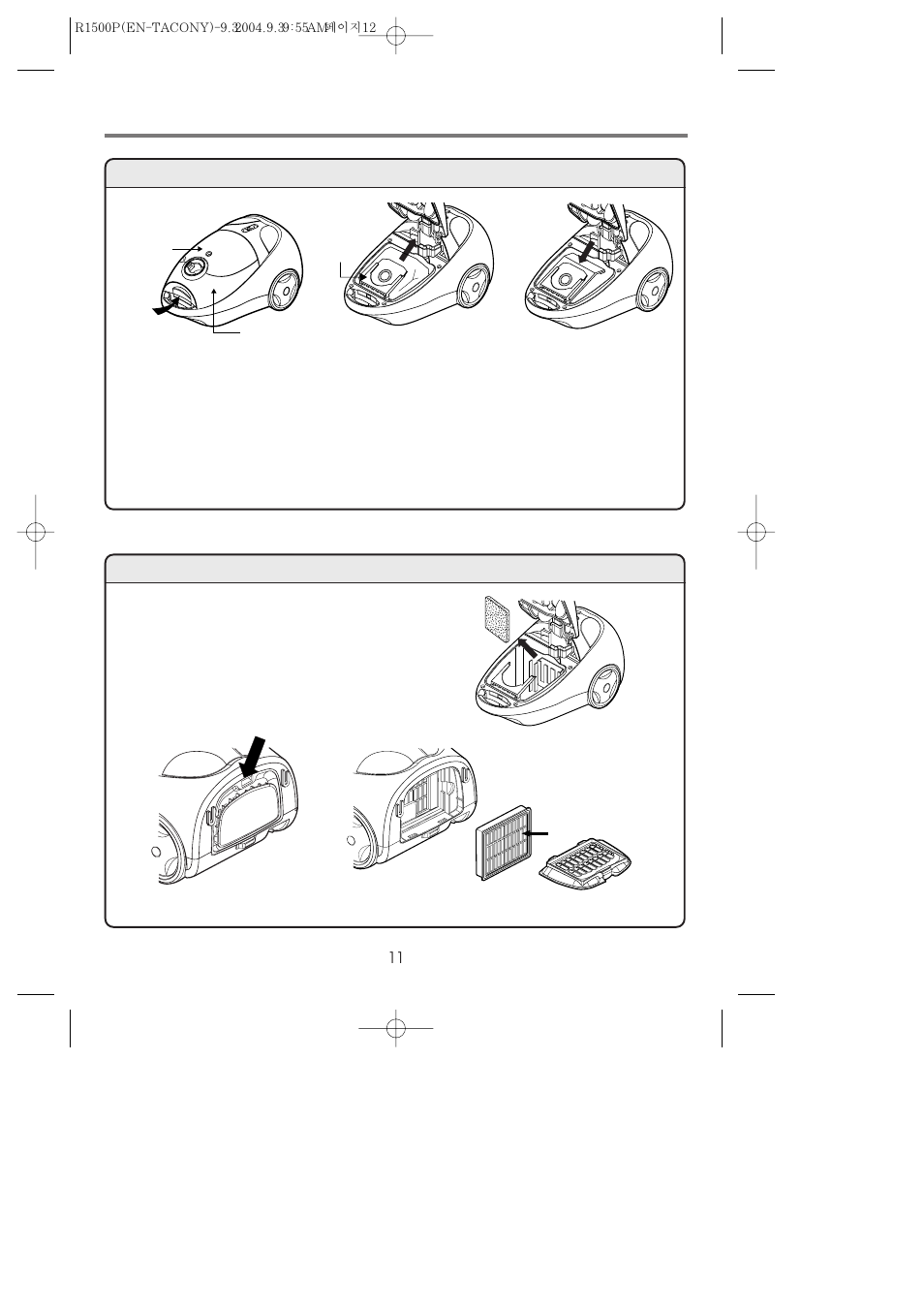 Replacing vacuum bag & filters | Riccar 1500P User Manual | Page 11 / 13