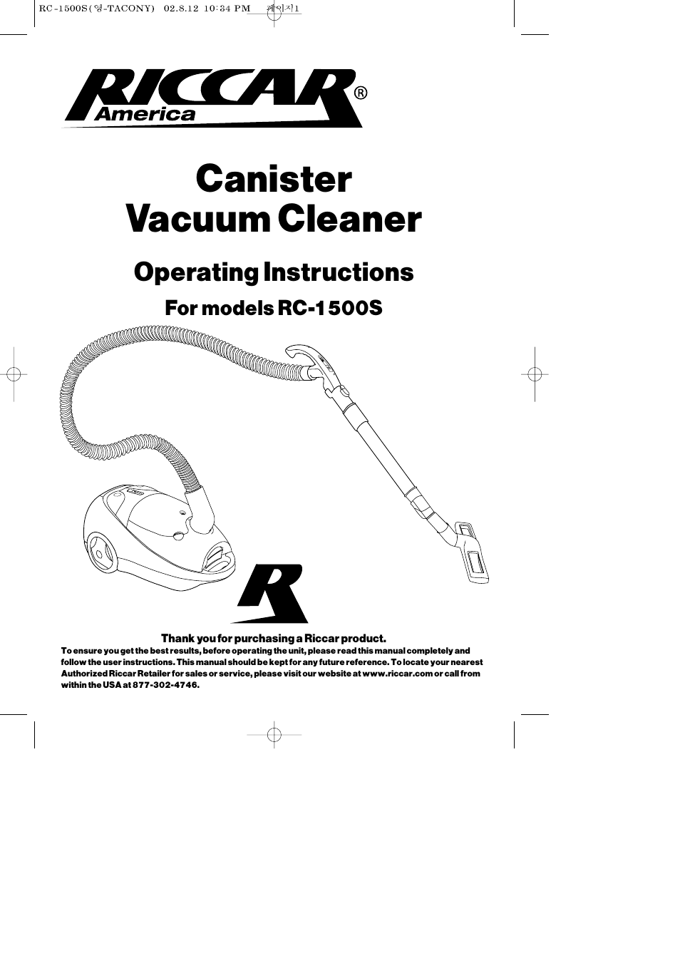 Riccar RC-1500S User Manual | 8 pages