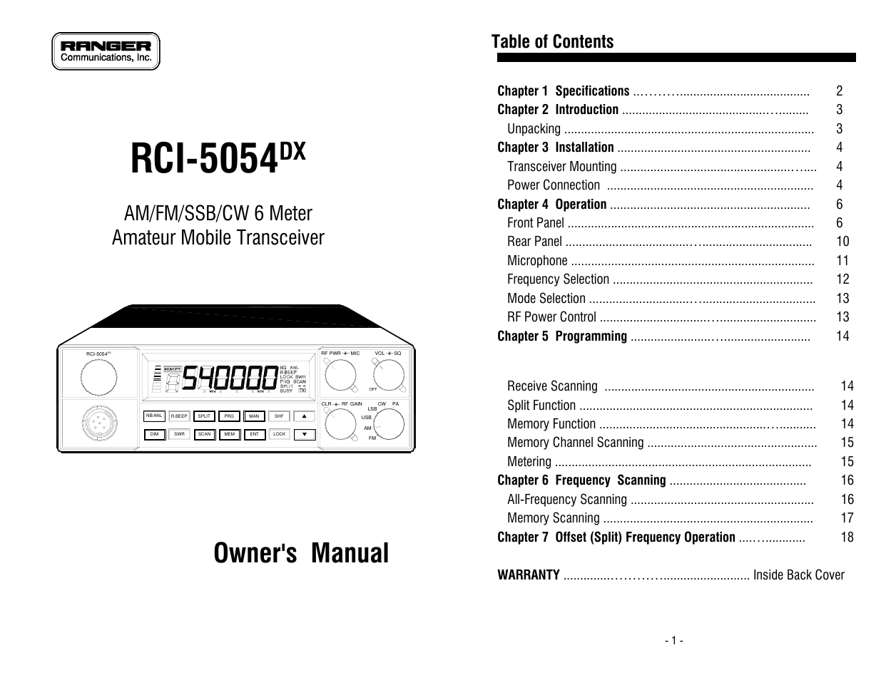 Ranger RCI-5054DX User Manual | 11 pages