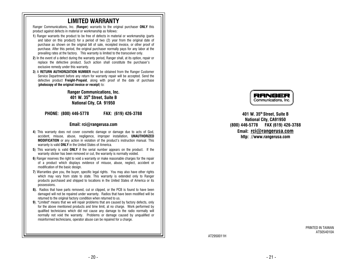 Limited warranty | Ranger RCI-5054DX User Manual | Page 11 / 11