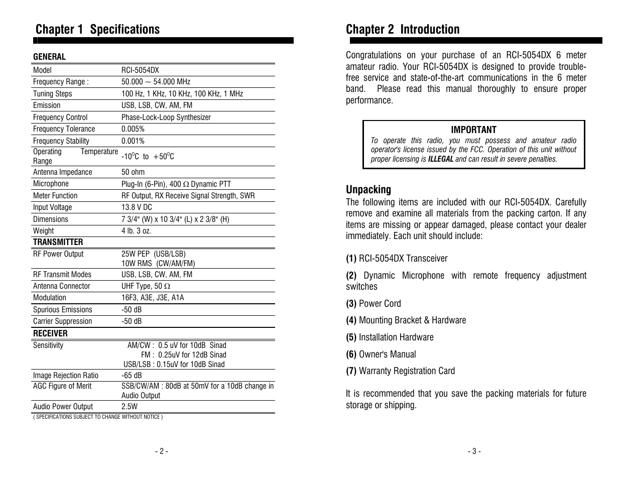 Chapter 1 specifications, Chapter 2 introduction | Ranger RCI-5054DX User Manual | Page 2 / 11