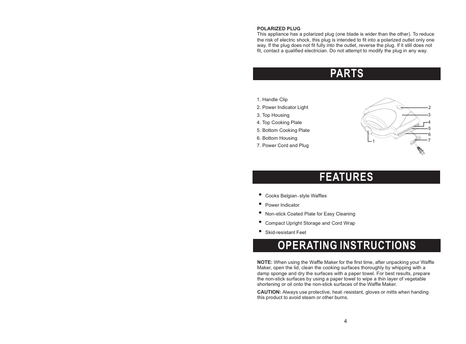 Parts features operating instructions | Rival DC-WM169 User Manual | Page 4 / 6