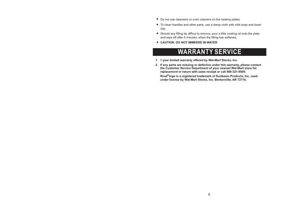 Warranty service | Rival DC-WM169 User Manual | Page 6 / 6