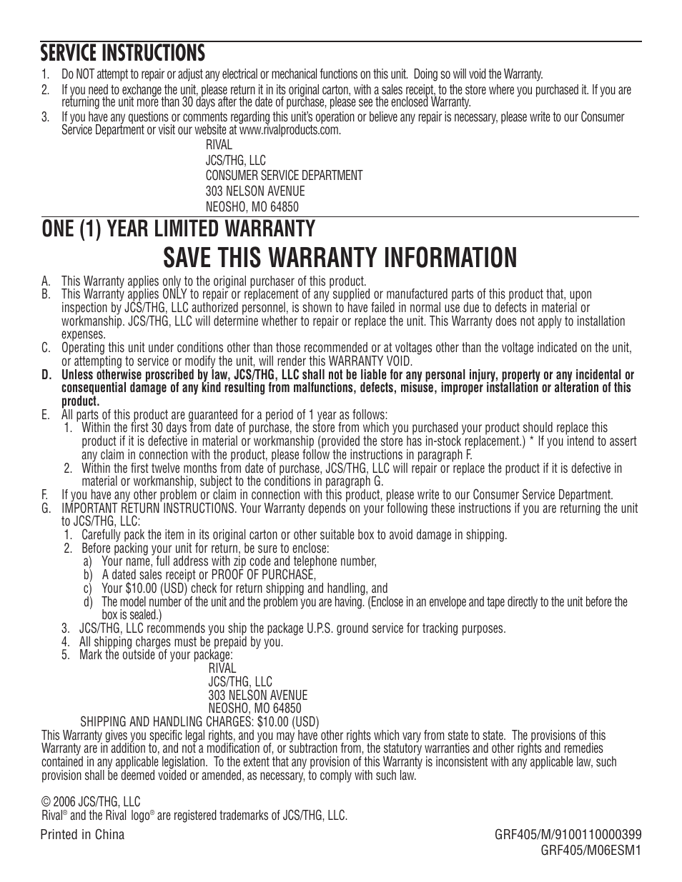 Save this warranty information, One (1) year limited warranty, Service instructions | Rival GRF405 User Manual | Page 10 / 20